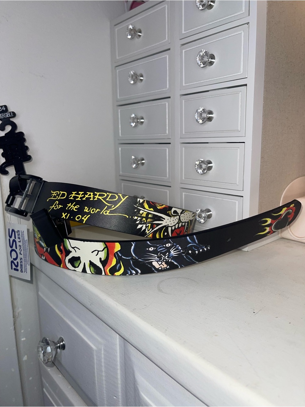 NWT Ed Hardy Black Leather Belt with Multicolor Skull, Tiger & Flame Art
